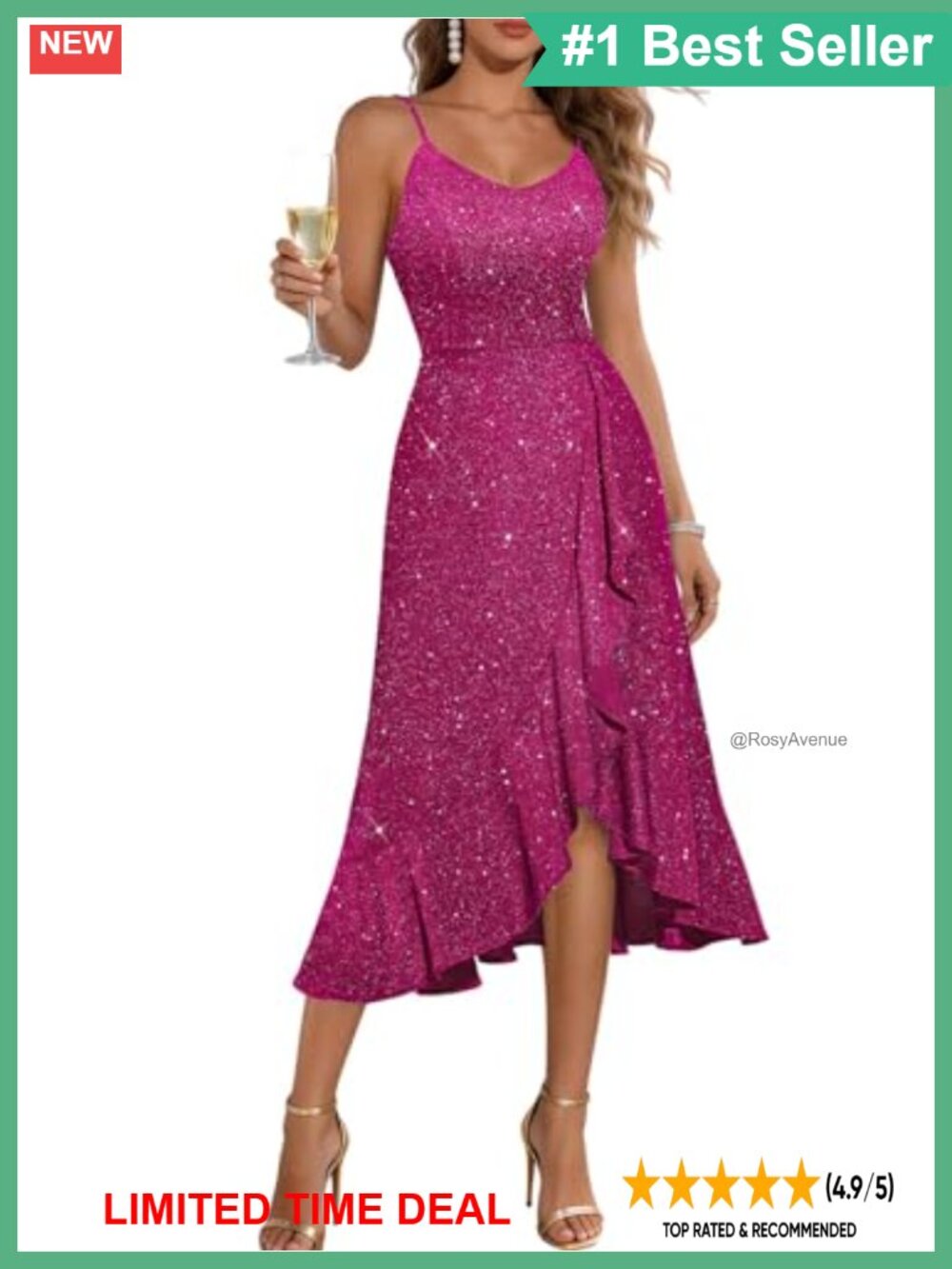 Sequin Cocktail Dress High Low V-Neck Ruffle Formal Wedding Guest